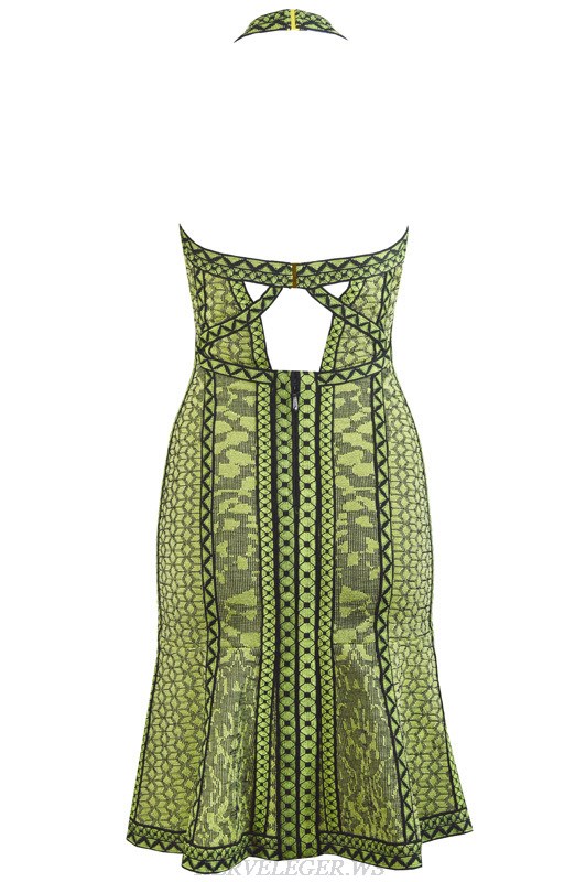 Herve Leger Green Jacquard V Neck Dress