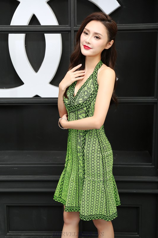 Herve Leger Green Jacquard V Neck Dress