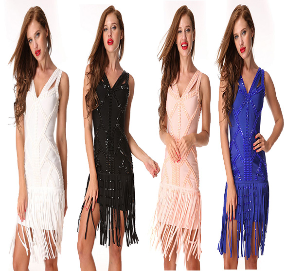 Herve Leger Pink And Black V Neck Fringe Dress