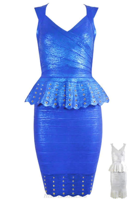 Herve Leger Blue And Silver Multicolor V Neck Foil Print Bandage Dress