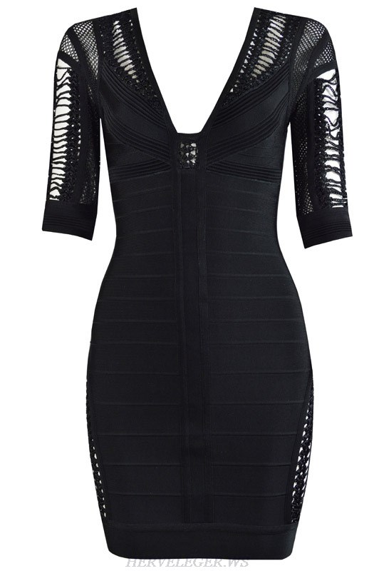 Herve Leger Black V Neck Mesh Bandage Dress
