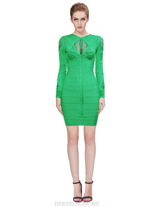 Herve Leger Green Gray Blue And Red Multicolor Long Sleeve Cutout Bandage Dress