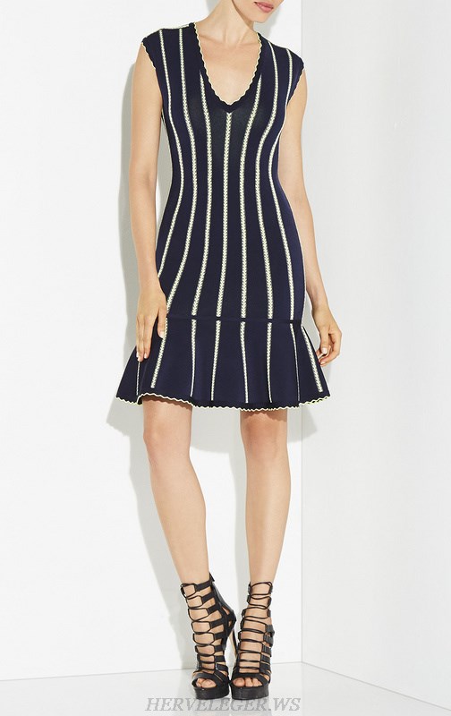 Herve Leger Blue Jacquard Weave V Neck Dress