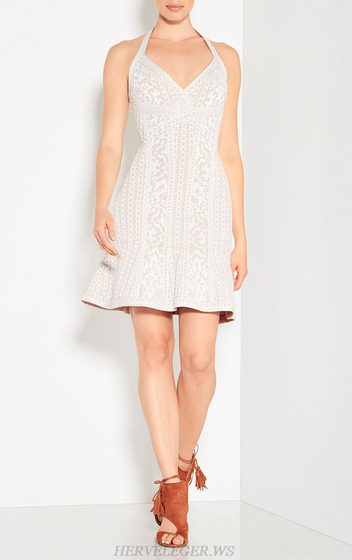 Herve Leger White V Neck Jacquard A Line Dress