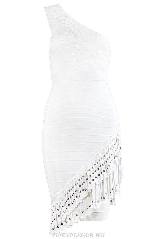 Herve Leger White One Shoulder Fringe Dress Herve Leger White One Shoulder Fringe Dress