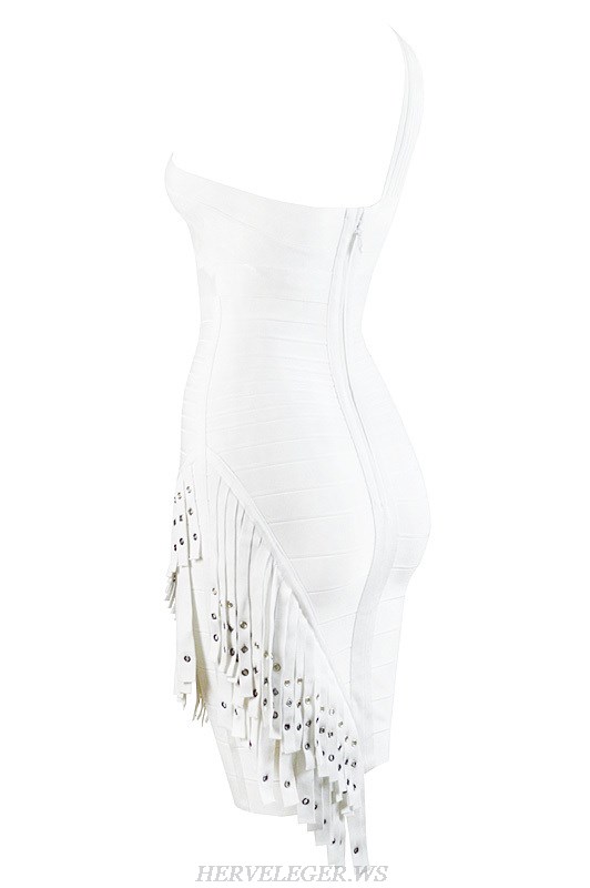 Herve Leger White One Shoulder Fringe Dress
