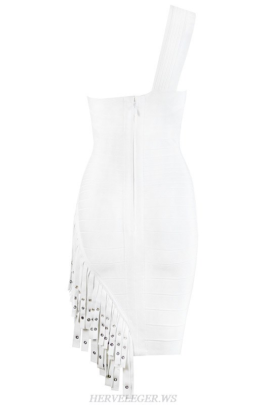 Herve Leger White One Shoulder Fringe Dress