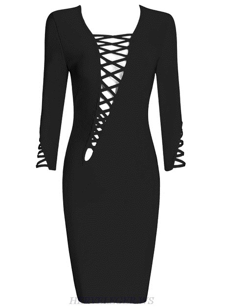 Herve Leger Black V Neck Asymmetrical Lace Up Dress