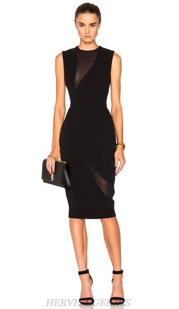 Herve Leger Black Asymmetrical Mesh Insert Dress