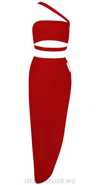 Herve Leger Red Asymmetrical Strap Panel Two Piece Dress