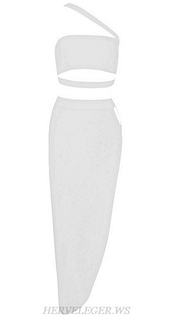 Herve Leger White Asymmetrical Strap Panel Two Piece Dress