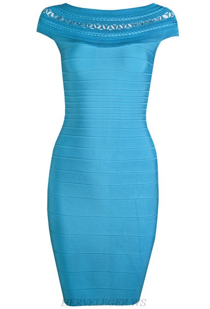 Herve Leger Blue Bardot Crochet Dress