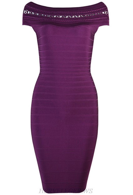 Herve Leger Purple Bardot Crochet Dress