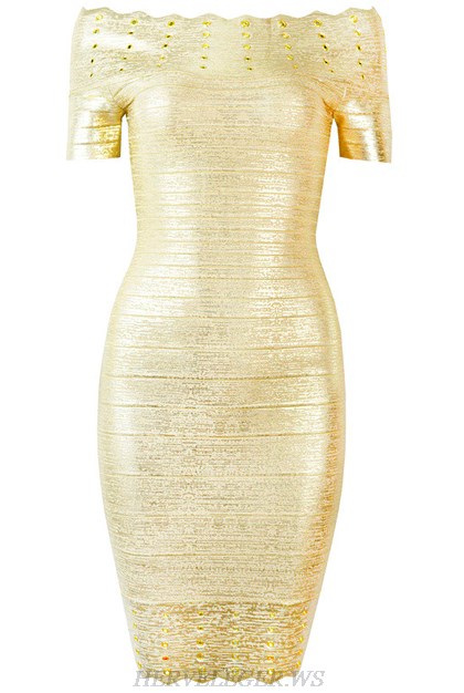 Herve Leger Gold Bardot Embellished Woodgrain Foil Print Dress