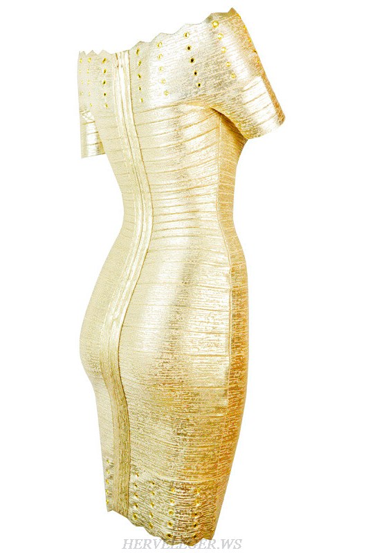 Herve Leger Gold Bardot Embellished Woodgrain Foil Print Dress