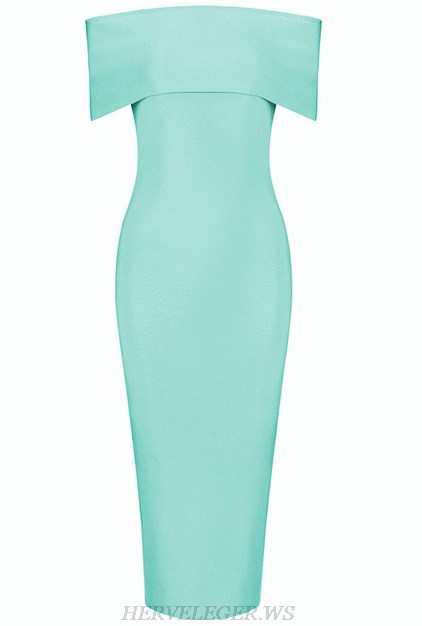 Herve Leger Turquoise Bardot Side Slit Dress