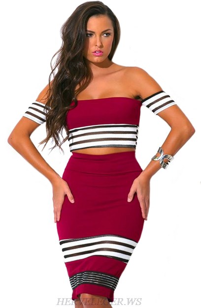 Herve Leger Red And White Bardot Striped Two Piece Dress