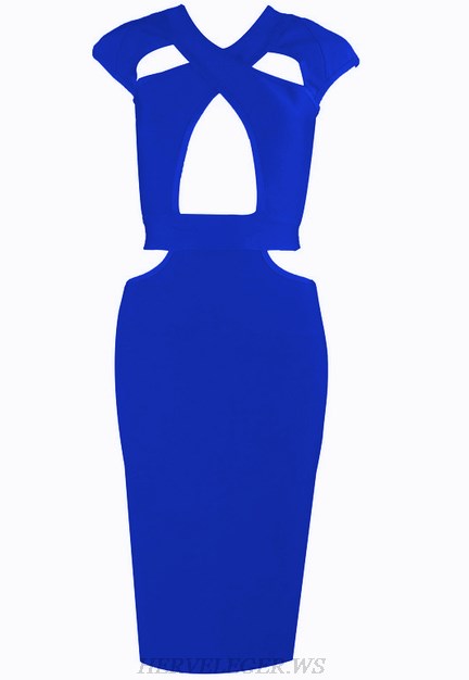 Herve Leger Blue Cap Sleeve Cut Out Dress