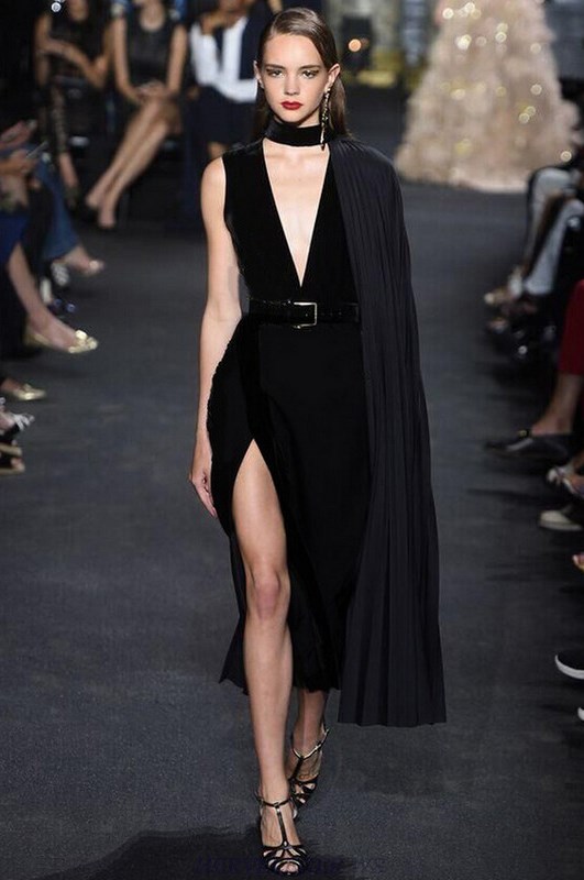 Herve Leger Black Choker Plunge V Neck Slit Dress