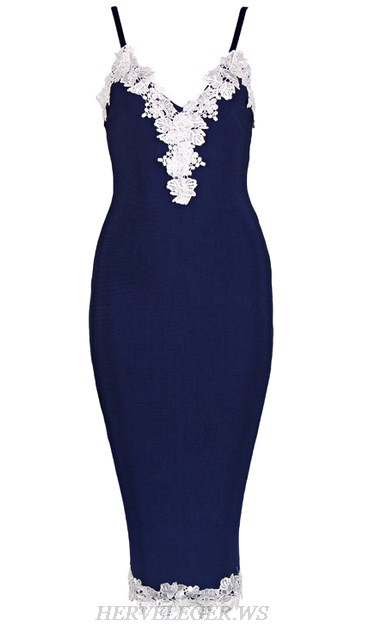 Herve Leger Blue White Crochet Applique Dress