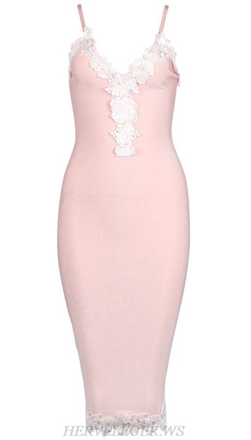 Herve Leger Pink White Crochet Applique Dress