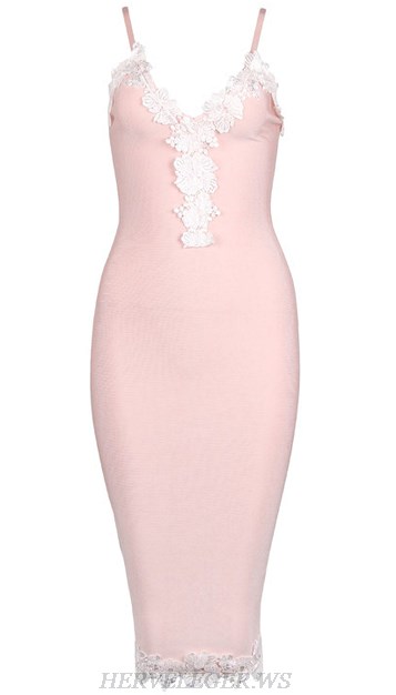 Herve Leger Pink White Crochet Applique Dress