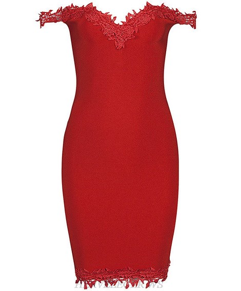 Herve Leger Red Crochet Embellished Bardot Dress