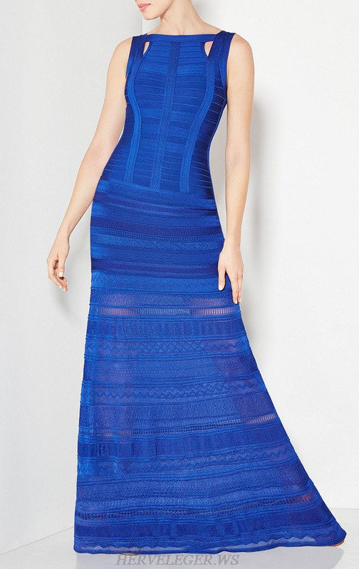 Herve Leger Blue Crochet Evening Gown