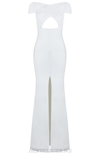 Herve Leger White Cross Over Slit Evening Dress