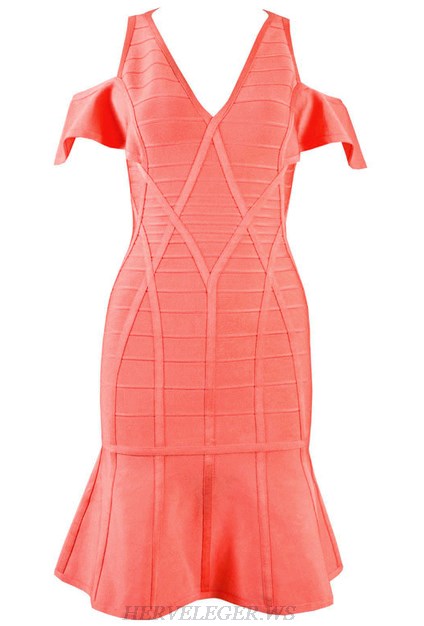 Herve Leger Coral V Neck Cut Out Shoulder A Line Dress