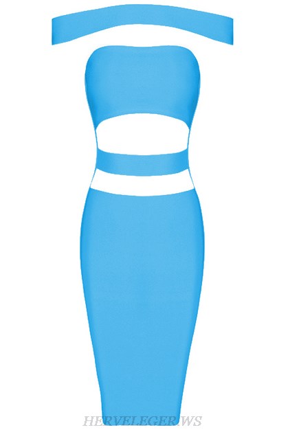 Herve Leger Blue Cutout Panel Bardot Dress