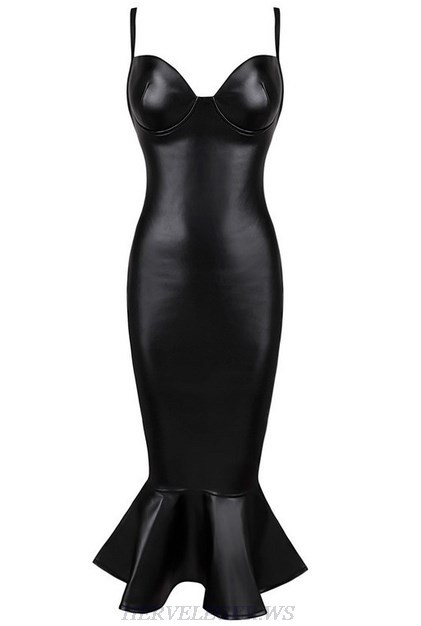 Herve Leger Black Faux Leather Fluted Dress