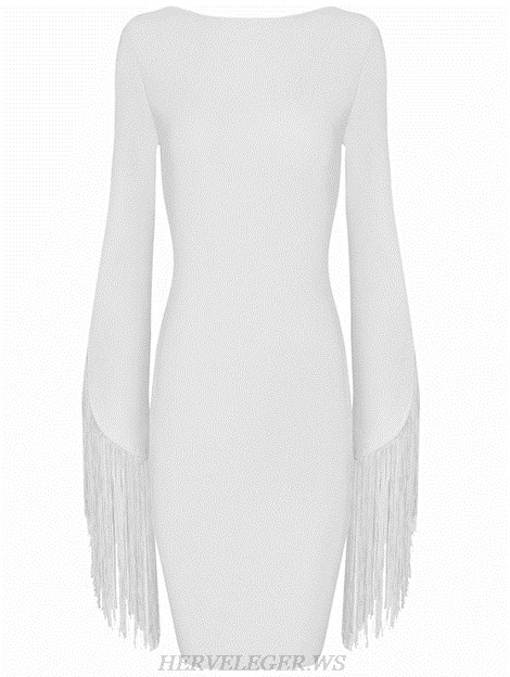 Herve Leger White Fringed Sleeves Backless Dress