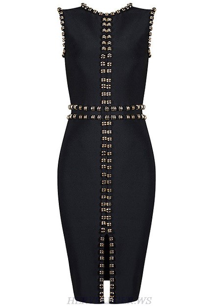 Herve Leger Black Front Slit Embellished Dress