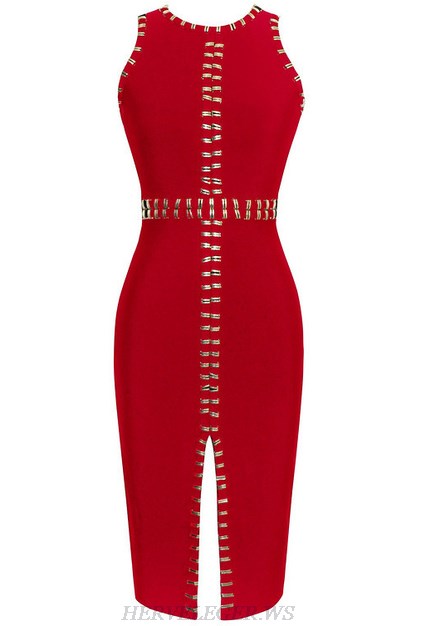 Herve Leger Red Front Slit Embellished Dress
