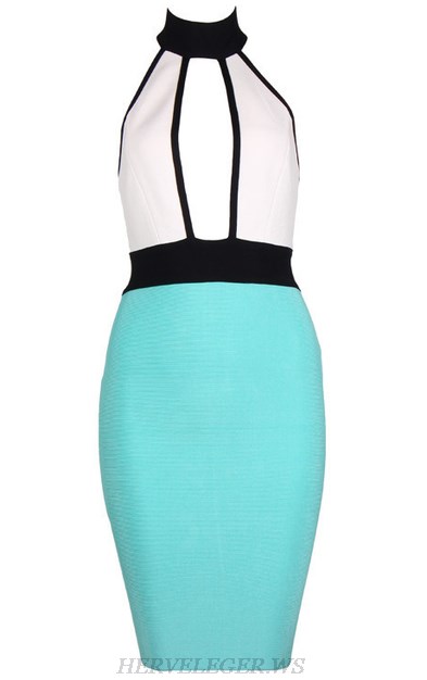 Herve Leger Turquoise White Halter Colorblock Dress