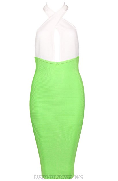 Herve Leger White Green Halter Colorblock Dress