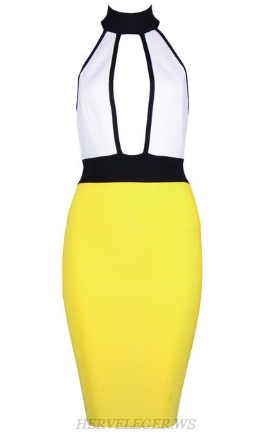 Herve Leger Yellow And White Halter Colorblock Dress