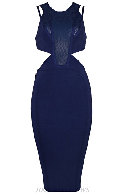 Herve Leger Blue Halter Multi Stitch Crochet Dress
