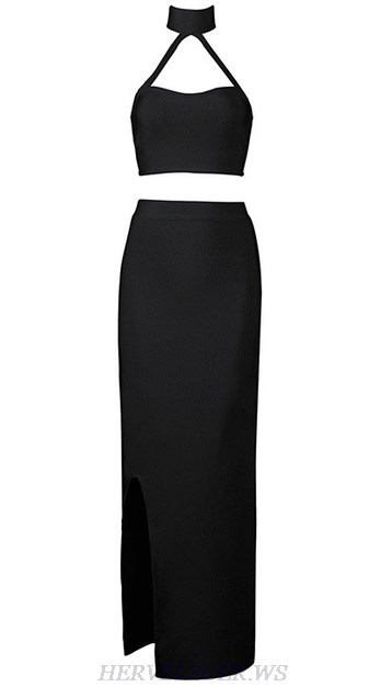 Herve Leger Black Halter Slit Two Piece Dress