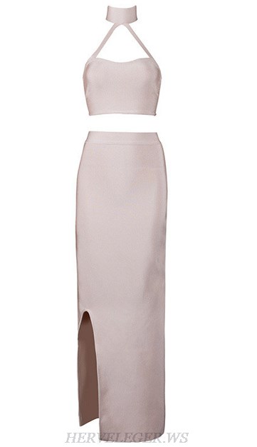 Herve Leger Nude Halter Slit Two Piece Dress
