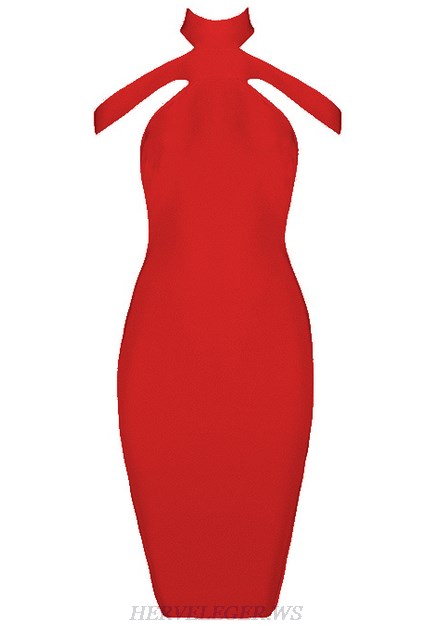 Herve Leger Red Halter Strap Dress