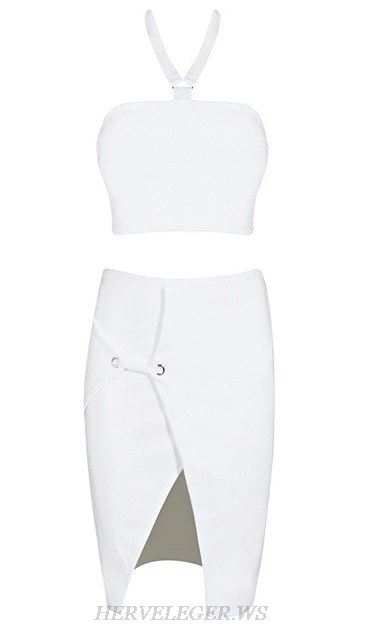 Herve Leger Set White Halter Strappy Slit Two Piece Dress