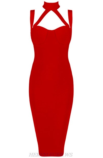 Herve Leger Red Halter Sweetheart Dress