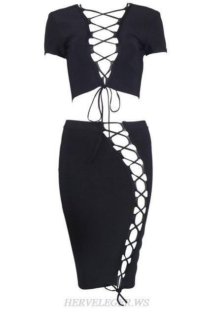 Herve Leger Black V Neck Lace Up Two Piece Dress