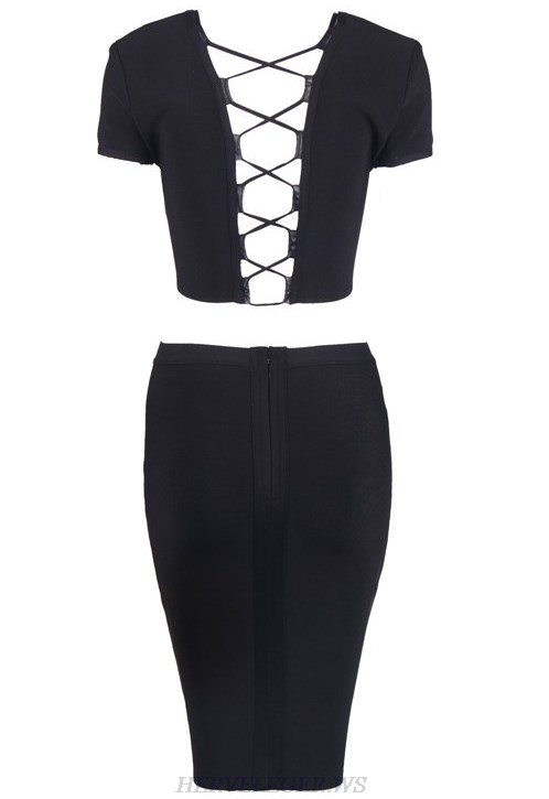 Herve Leger Black V Neck Lace Up Two Piece Dress