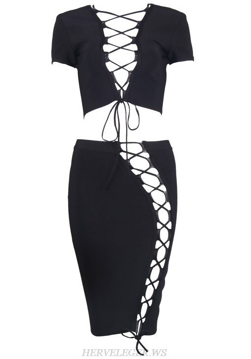 Herve Leger Black V Neck Lace Up Two Piece Dress