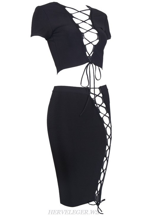 Herve Leger Black V Neck Lace Up Two Piece Dress
