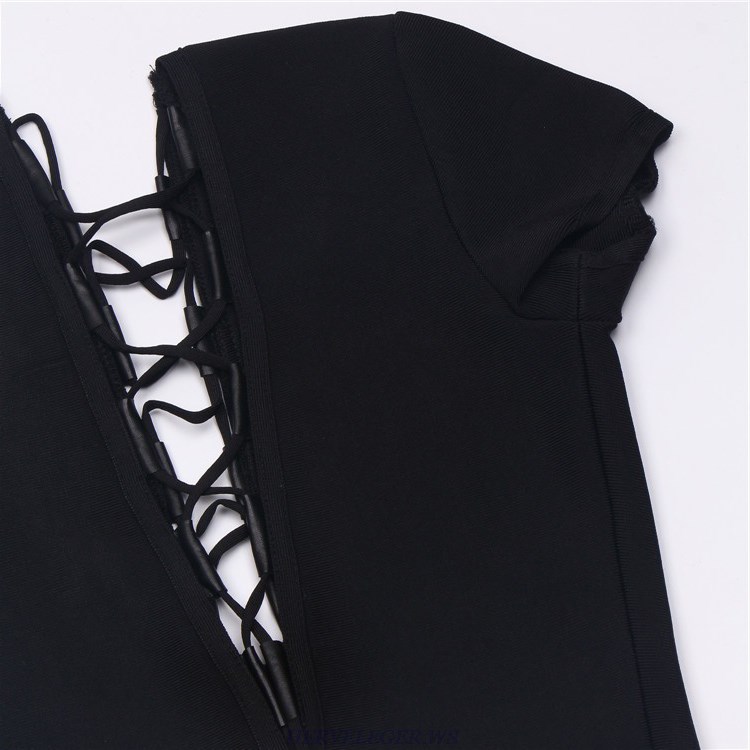 Herve Leger Black V Neck Lace Up Two Piece Dress