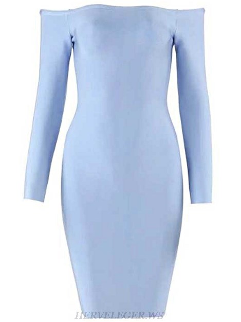 Herve Leger Blue Long Sleeve Bardot Dress